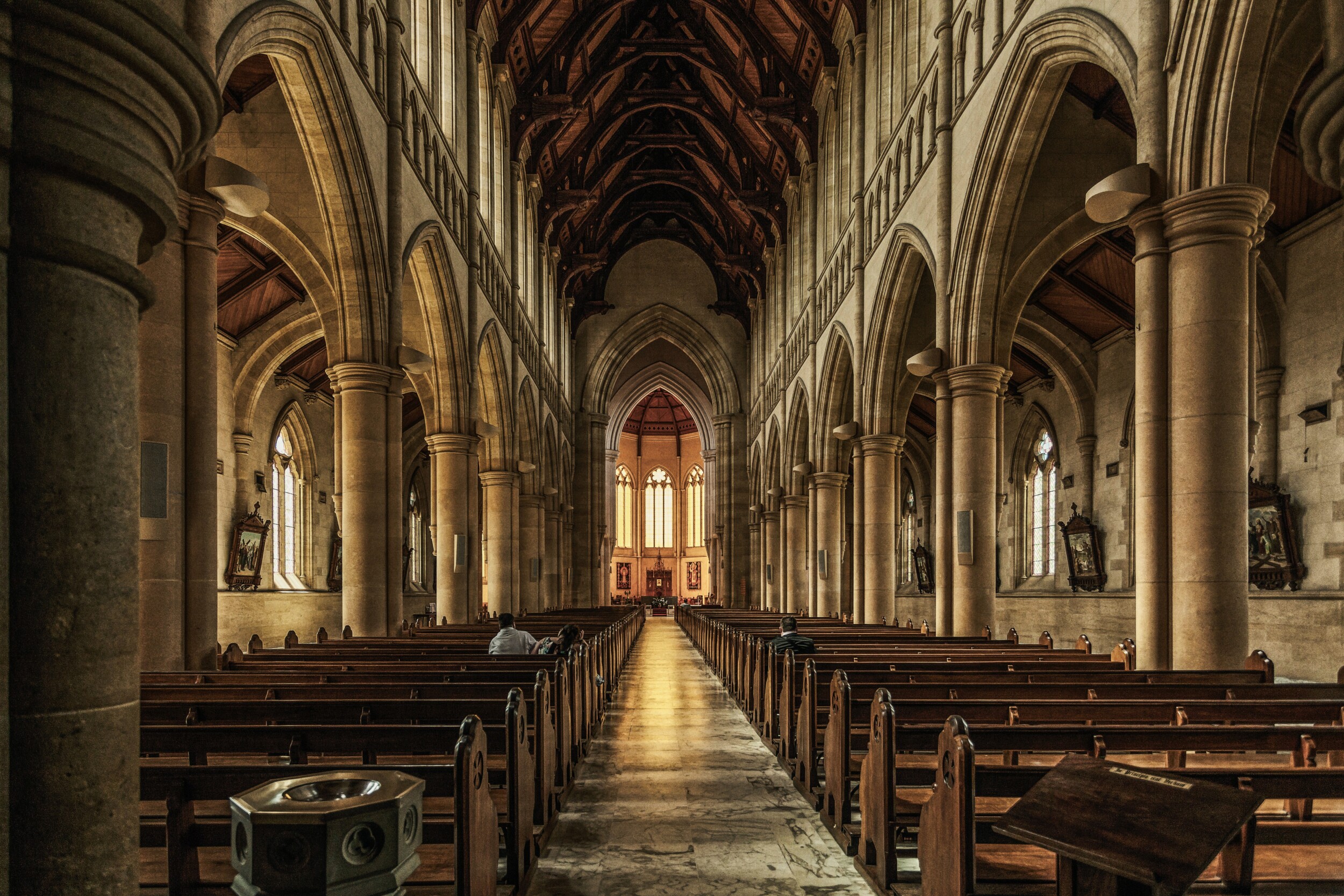 Interior of an old church with dim lighting